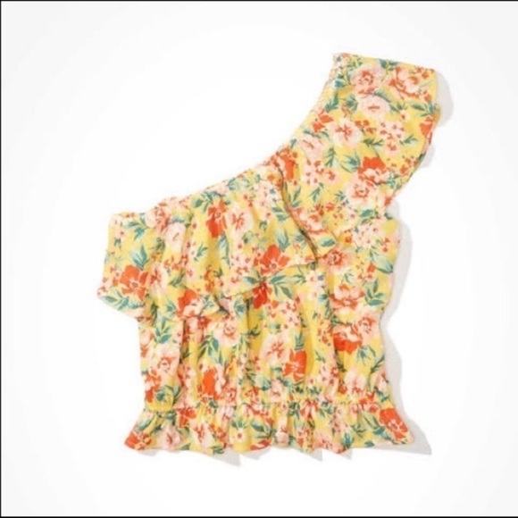 AEO Yellow Floral One Shoulder Crop Top NWT - Picture 2 of 8
